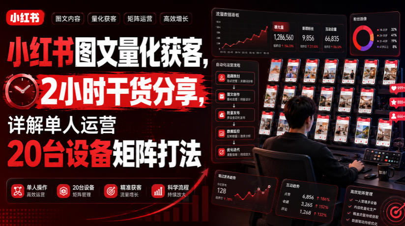 小红书图文量化获客，2小时干货分享，详解单人运营20台设备矩阵打法-搞钱利器