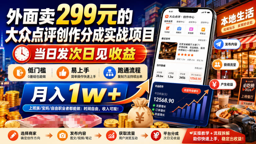 外面卖299元的大众点评创作分成实战项目，当日发次日见收益，低门槛易上手，跑通流程月入1w+-搞钱利器