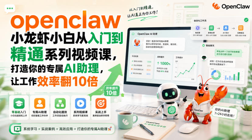 openclaw小龙虾小白从入门到精通系列视频课，打造你的专属AI助理，让工作效率翻10倍-搞钱利器