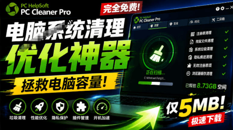 轻松吊打Win系统自带工具！电脑清理神器，拯救电脑容量，仅5MB，完全免费使用PC Cleaner Pro-搞钱利器
