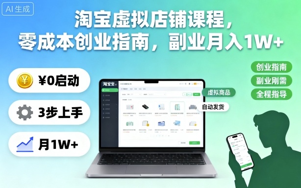 淘宝虚拟店铺课程,零成本创业指南,副业月入1W+-搞钱利器