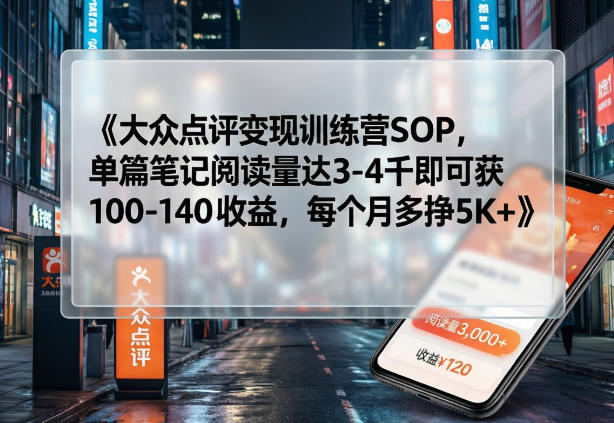 大众点评变现训练营SOP，单篇笔记阅读量达3-4千即可获100-140收益，每个月多挣5K+-搞钱利器