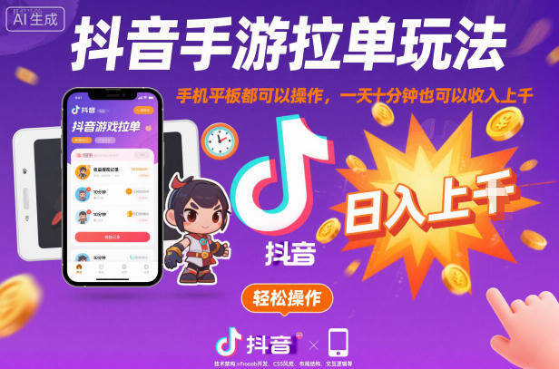 抖音手游拉单玩法，手机平板都可以操作，一天十分钟也可以收入上K【揭秘】-搞钱利器