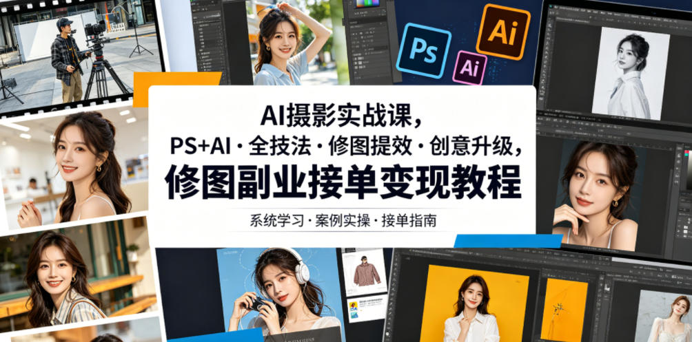 AI摄影实战课，PS+AI・全技法・修图提效・创意升级，修图副业接单变现教程-搞钱利器