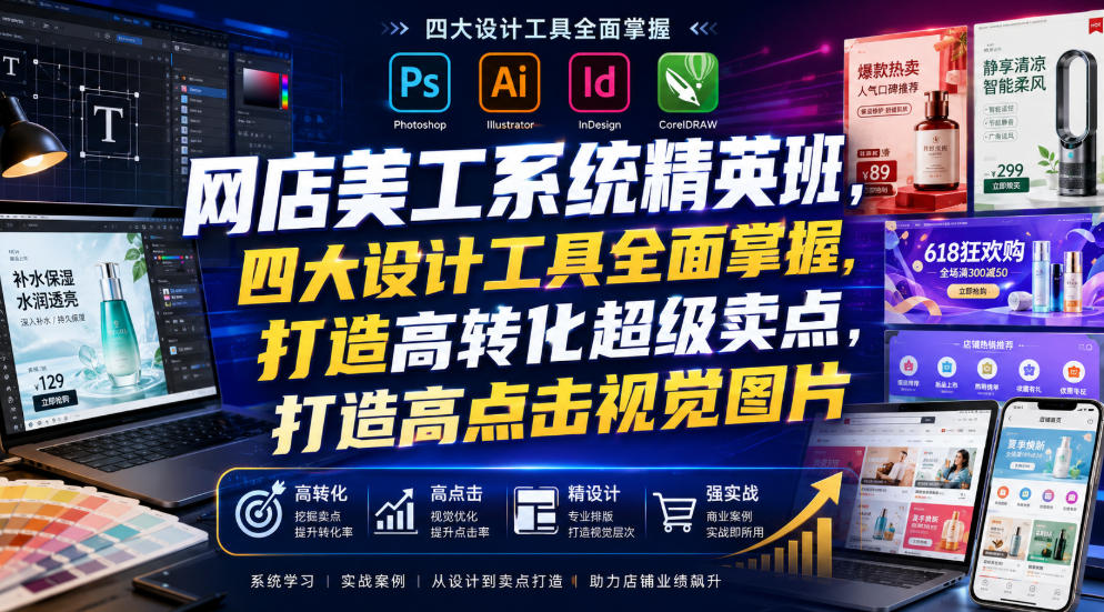 网店美工系统精英班,四大设计工具全面掌握,打造高转化超级卖点,打造高点击视觉图片(2026年7月)-搞钱利器