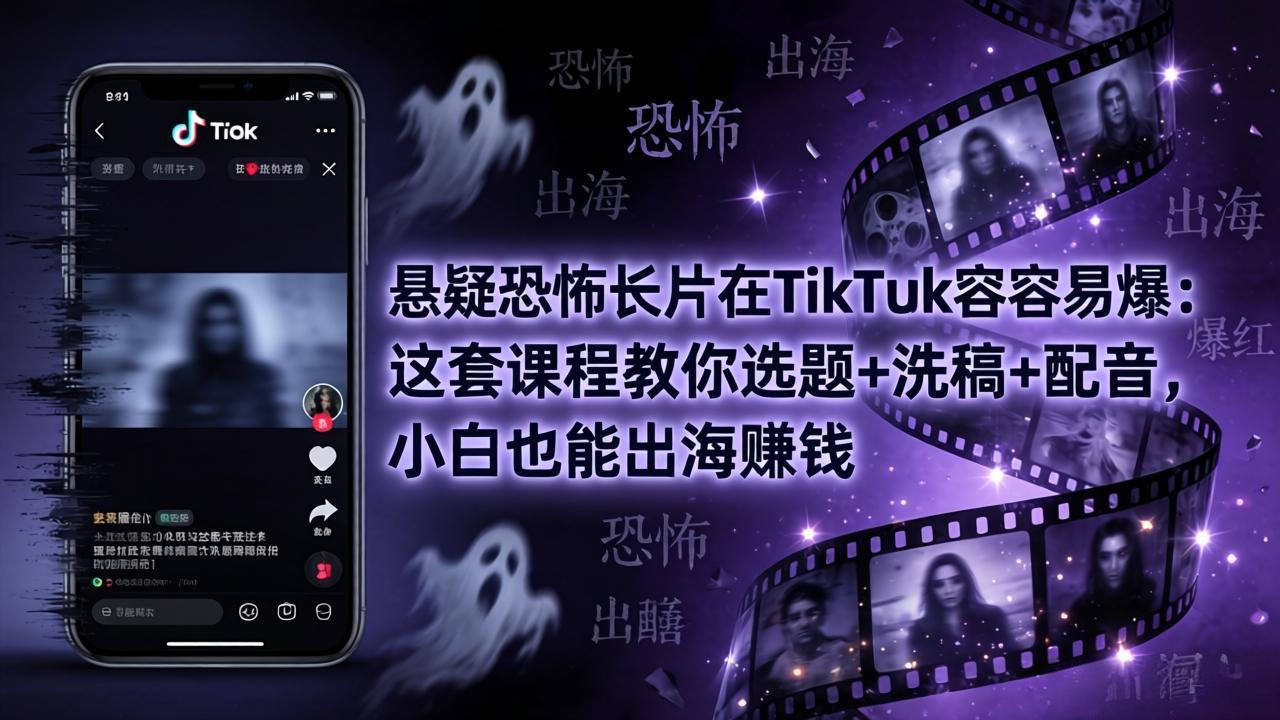 悬疑恐怖长片在TikTok最容易爆：这套课程教你选题+洗稿+配音，小白也能出海赚钱-搞钱利器