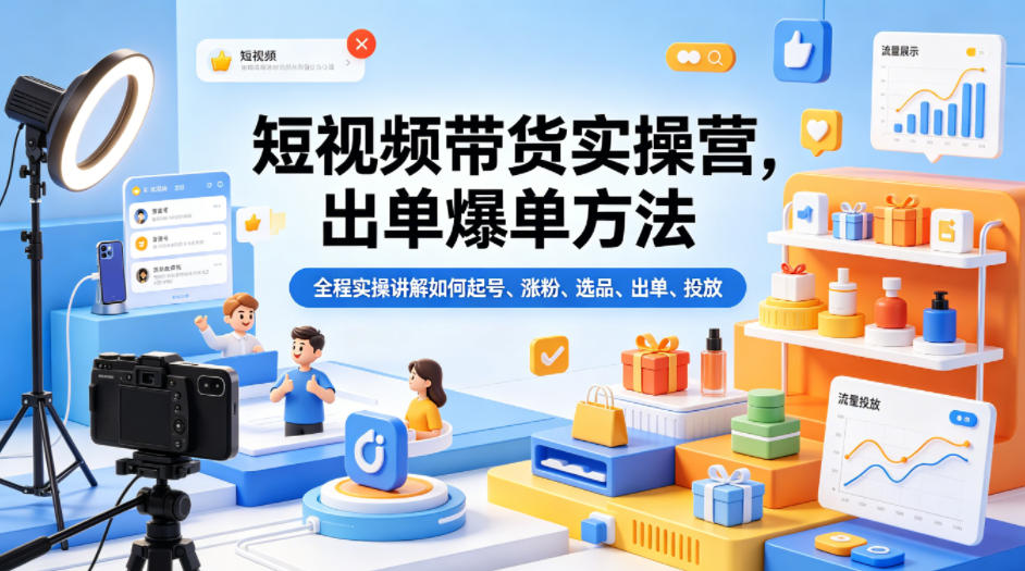 短视频带货实操营，出单爆单方法，全程实操讲解如何起号、涨粉、选品、出单、投放(更新0515)-搞钱利器