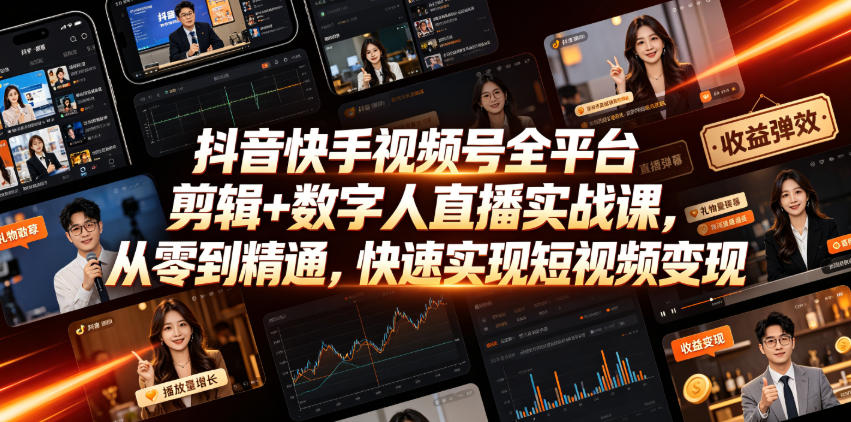 抖音快手视频号全平台剪辑+数字人直播实战课,从零到精通,快速实现短视频变现(更新2026年6月)-搞钱利器