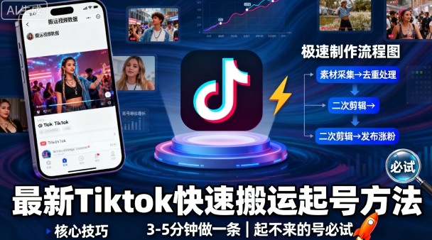 最新Tiktok快速搬运快速起号方法，3-5分钟做一条，起不来的号可以试试-搞钱利器