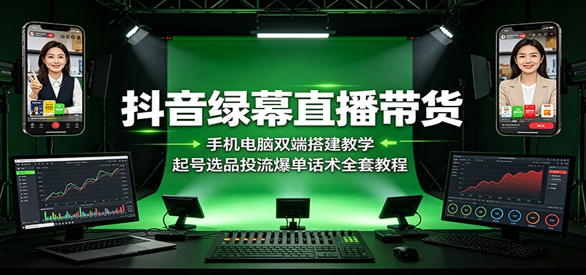 抖音绿幕直播带货：手机电脑双端搭建教学，起号选品投流爆单话术全套教程-搞钱利器