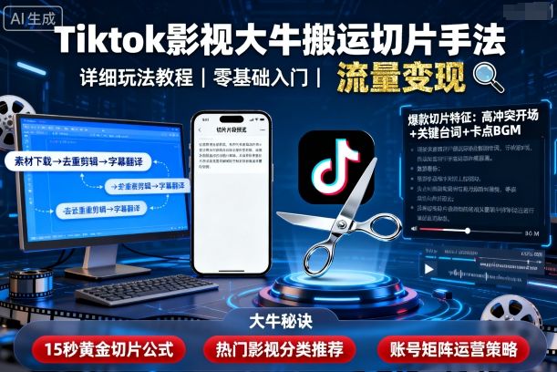 Tiktok影视大牛搬运切片手法，详细玩法教程-搞钱利器