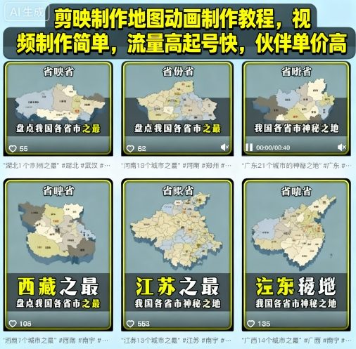 剪映制作地图动画制作教程，视频制作简单，流量高起号快，伙伴单价高-搞钱利器