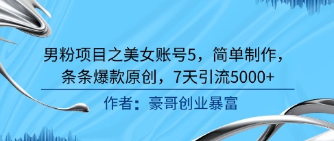 男粉项目之美女账号5，简单制作，条条爆款原创，7天引流5000+-搞钱利器
