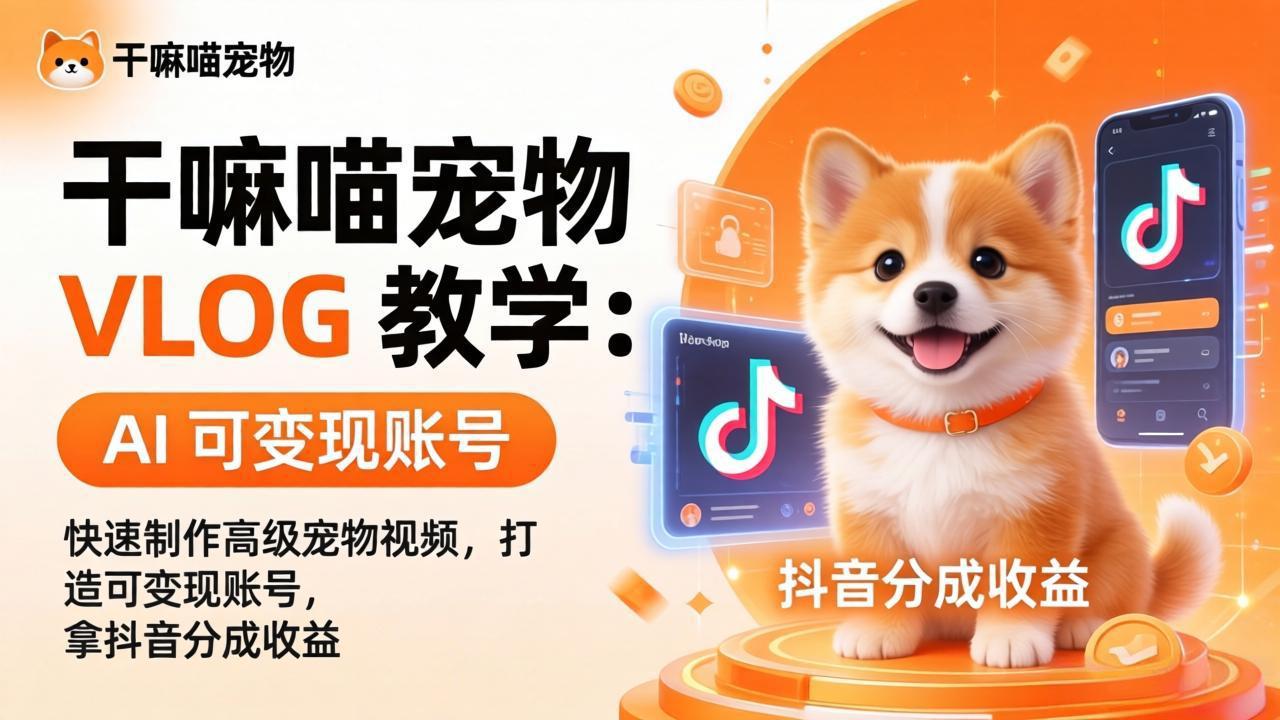 干嘛喵宠物 VLOG 教学：AI 快速制作高级宠物视频，打造可变现账号，拿抖音分成收益-搞钱利器