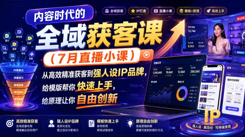 内容时代的全域获客课(7月直播小课)，从高效精准获客到强人设IP品牌，给模版帮你快速上手，给原理让你自由创新-搞钱利器