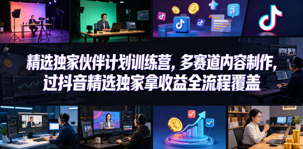 小豁食堂精选独家伙伴计划训练营，多赛道内容制作，过抖音精选独家拿收益全流程覆盖-搞钱利器
