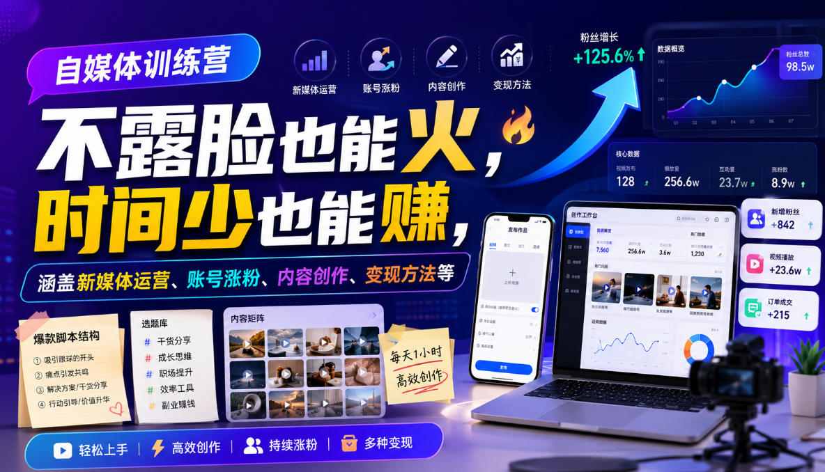 自媒体训练营，不露脸也能火，时间少也能賺，涵盖新媒体运营、账号涨粉、内容创作、变现方法等-搞钱利器