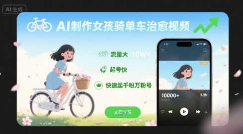 AI制作女孩骑单车治愈视频，流量大，起号快，快速起千粉万粉号-搞钱利器