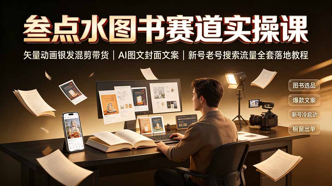 叁点水图书赛道实操课｜矢量动画银发混剪带货，AI图文封面文案，新号老号搜索流量全套落地教程-搞钱利器