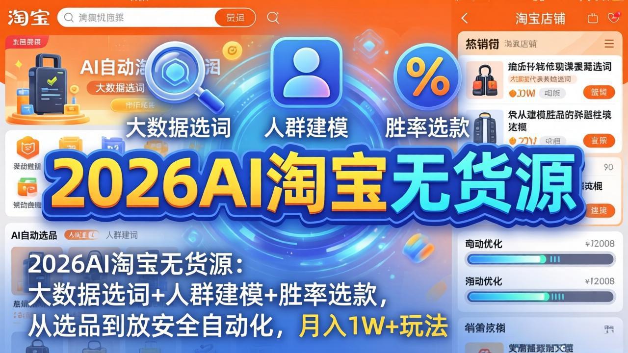 2026AI淘宝无货源-4月更新：大数据选词+人群建模+胜率选款，从选品到放大全自动化，月入1W+玩法-搞钱利器