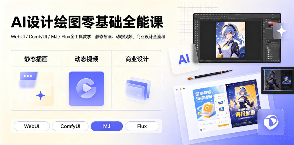 AI设计绘图零基础全能课|WebUI/ComfyUI/MJ/Flux全工具教学,静态插画、动态视频、商业设计全流程-搞钱利器