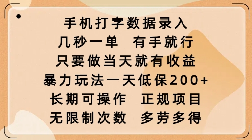 手机打字数据录入，几秒一单，有手就行，只要做当天就有收益，暴力玩法一天低保2张-搞钱利器
