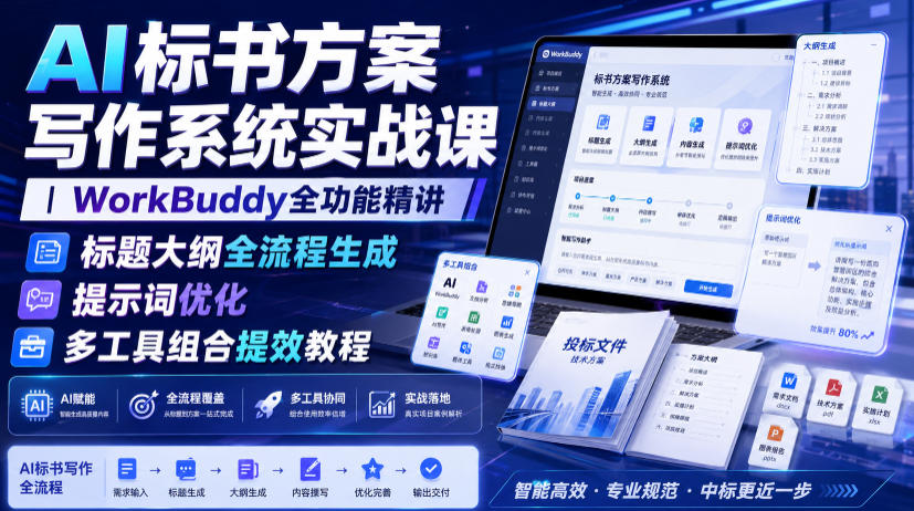 AI标书方案写作系统实战课|WorkBuddy全功能精讲・标题大纲全流程生成・提示词优化・多工具组合提效教程-搞钱利器
