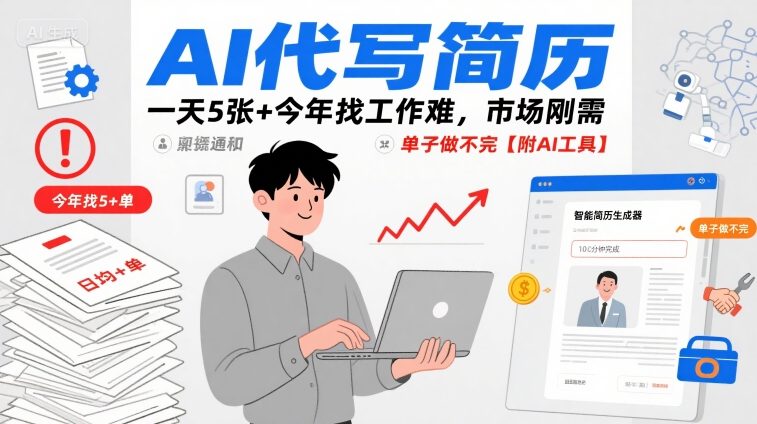 AI代写简历，一天5张+今年找工作难，市场刚需，单子做不完【附AI工具】-搞钱利器