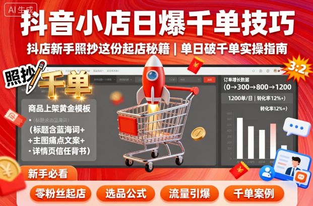 抖音小店日爆千单技巧，抖店新手照抄这份起店秘籍，单日破千单-搞钱利器