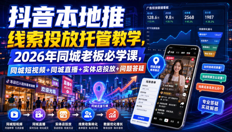 抖音本地推线索投放托管教学，2026年同城老板必学课，同城短视频+同城直播+实体店投放+问题答疑-搞钱利器