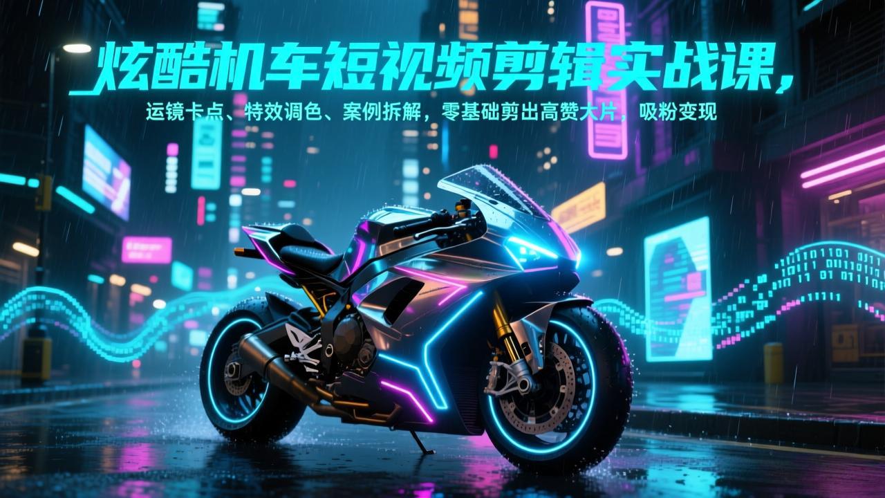 炫酷机车短视频剪辑实战课，运镜卡点、特效调色、案例拆解，零基础剪出高赞大片，吸粉变现-搞钱利器
