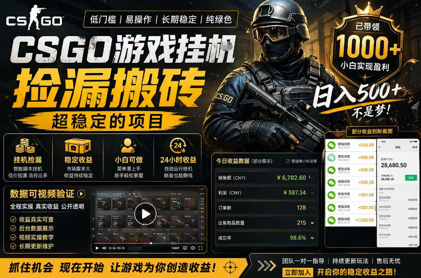 CSGO游戏搬砖，全自动挂G，不需要玩游戏，手机操作日入300+，解放双手【揭秘】-搞钱利器