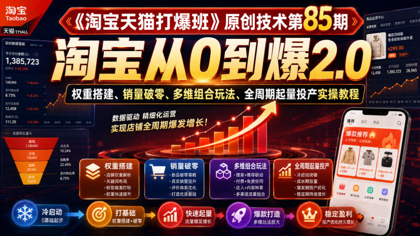 《淘宝天猫打爆班》原创技术第85期，淘宝从0到爆2.0，权重搭建、销量破零、多维组合玩法、全周期起量投产实操教程-搞钱利器