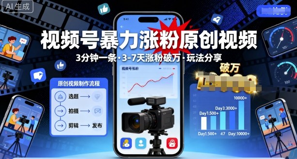 视频号暴力涨粉原创视频，3分钟一条原创视频，3-7天涨粉破万，玩法分享给你-搞钱利器