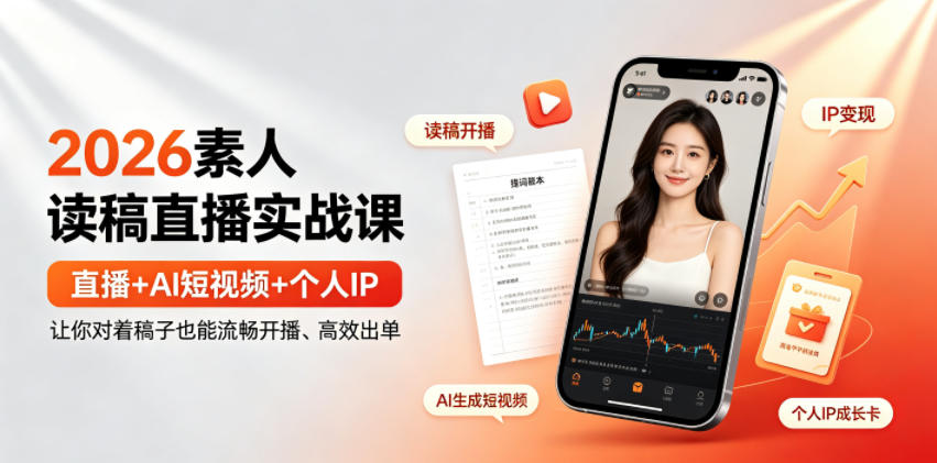 2026素人读稿直播实战课｜直播+AI短视频+个人IP，让你对着稿子也能流畅开播、高效出单-搞钱利器