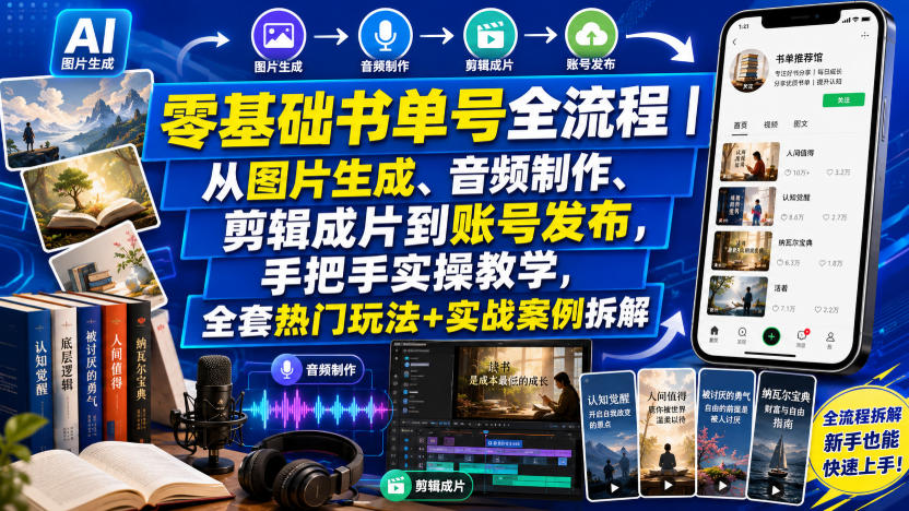 零基础书单号全流程｜从图片生成、音频制作、剪辑成片到账号发布，手把手实操教学，全套热门玩法+实战案例拆解-搞钱利器