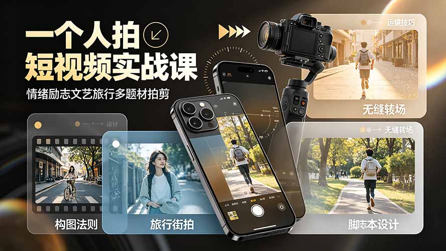 一个人拍短视频实战课：情绪励志文艺旅行多题材×五大景别×黄金构图×八大运镜，从拍摄到成片高效创作-搞钱利器