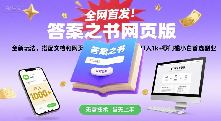 全网首发！答案之书网页版，全新玩法，搭配文档和网页，日入1k+零门槛小白首选副业【揭秘】-搞钱利器