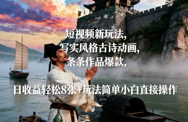 短视频新玩法，写实风格古诗动画，条条作品爆款，日收益轻松8张+玩法简单小白直接操作-搞钱利器