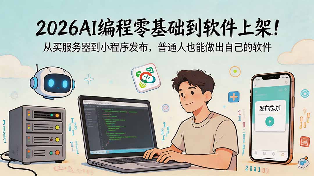 2026AI编程零基础到软件上架！从买服务器到小程序发布，普通人也能做出自己的软件-搞钱利器