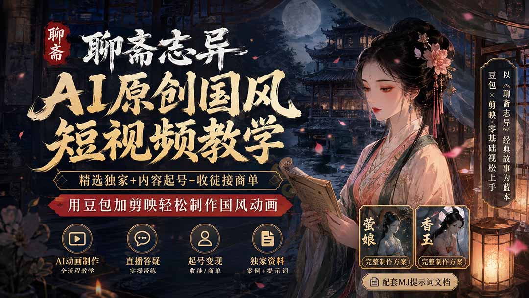 聊斋志异AI原创国风短视频教学；精选独家+内容起号+收徒接商单，用豆包加剪映轻松制作国风动画-搞钱利器