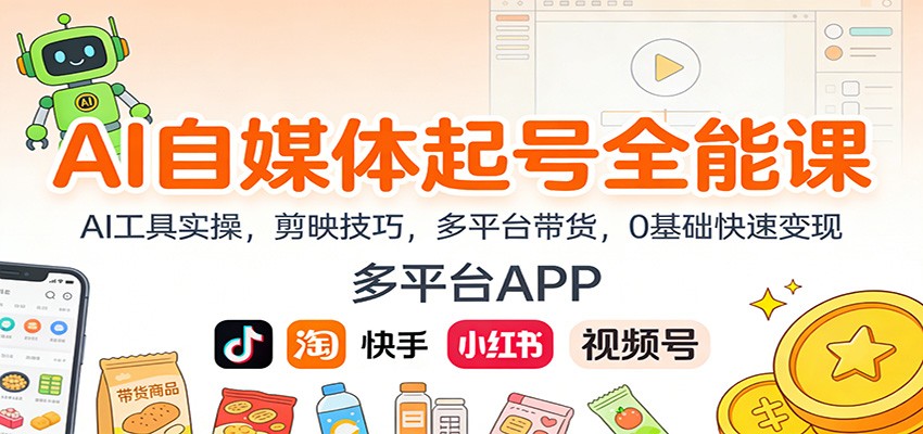 AI自媒体起号全能课:AI工具实操,剪映技巧,多平台带货,0基础快速变现-搞钱利器