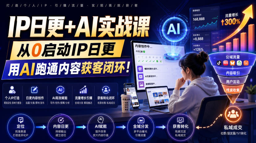 IP日更+AI实战课，从0启动IP日更，IP置顶视频制作+100条选题库搭建+10条日更规划，用AI跑通内容获客闭环!-搞钱利器