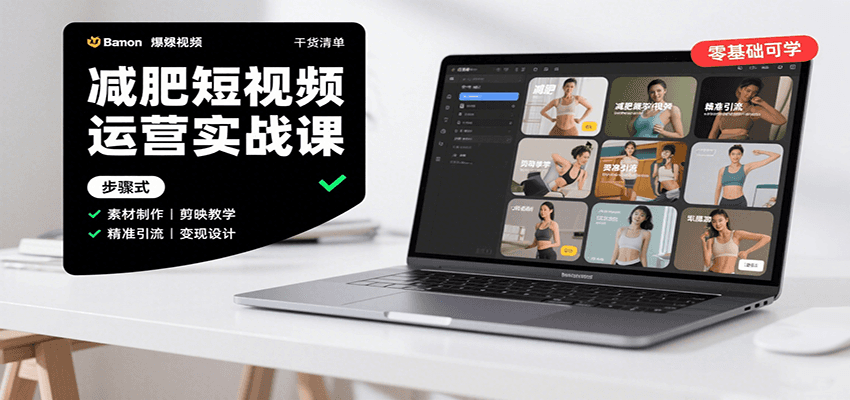 减肥短视频运营实战课：含素材制作、剪映教学，讲精准引流、变现设计与内容模板技巧-搞钱利器