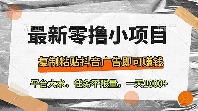 最新零撸小项目，复制粘贴抖音广告即可赚钱，平台大水，任务不限量，一…-搞钱利器