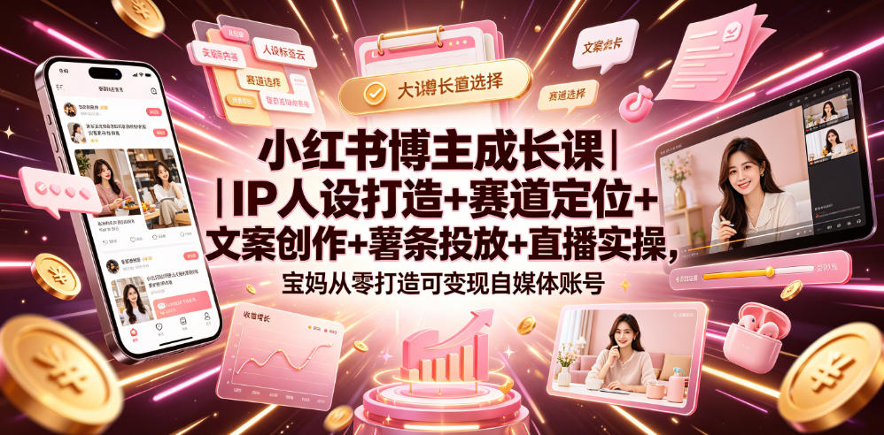 小红书博主成长课｜IP人设打造+赛道定位+文案创作+薯条投放+直播实操，宝妈从零打造可变现自媒体账号-搞钱利器