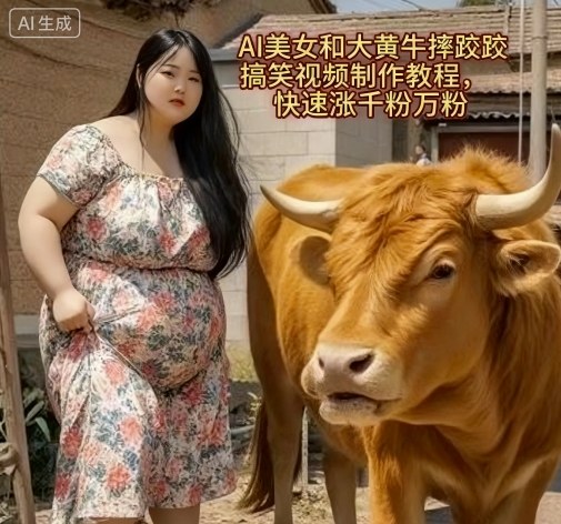 AI美女和大黄牛摔跤搞笑荒诞视频制作教程，快速涨千粉万粉-搞钱利器