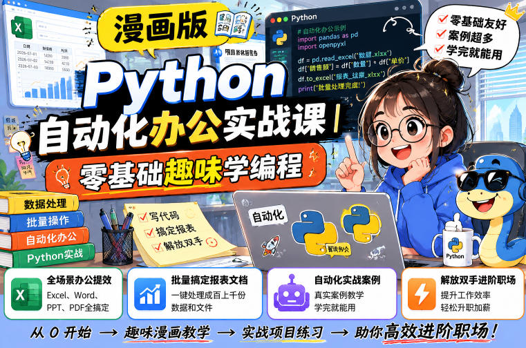漫画版Python自动化办公实战课｜零基础趣味学编程，全场景办公提效、批量搞定报表文档、解放双手进阶职场-搞钱利器