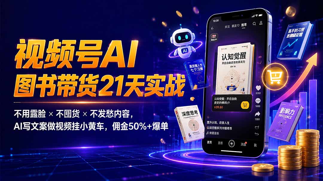 繁花视频号AI图书带货21天实战：不用露脸×不囤货×不发愁内容，AI写文案做视频挂小黄车，佣金50%+爆单-搞钱利器