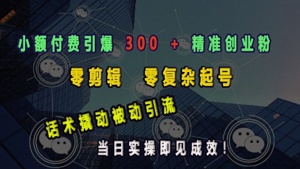 小额付费引爆 300 + 精准创业粉，零剪辑、零复杂起号，话术撬动被动引流，当日实操即见成效-搞钱利器